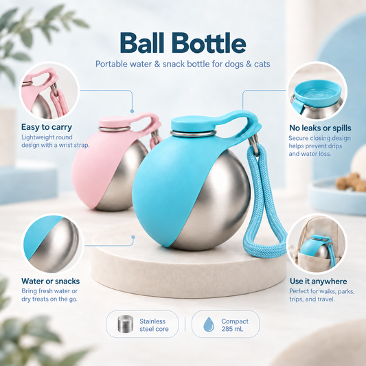 Gorulo Ball Bottle features: easy to carry, no leaks or spills, water or snacks, stainless steel, 285 mL