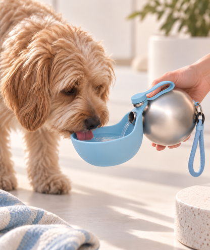 Dog drinking fresh water from the Gorulo Ball Bottle portable pet bottle