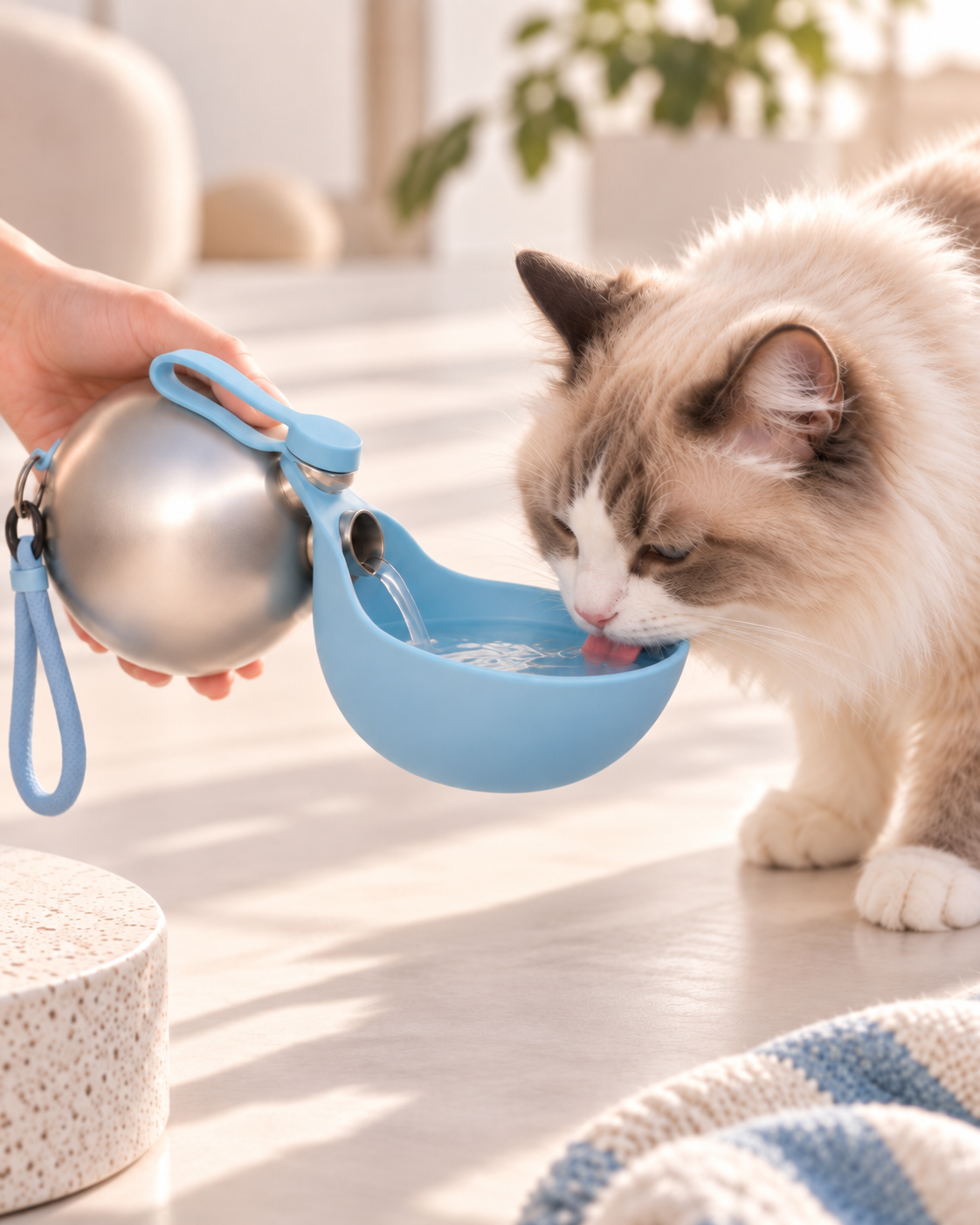 Cat drinking water from the Gorulo Ball Bottle portable pet bottle